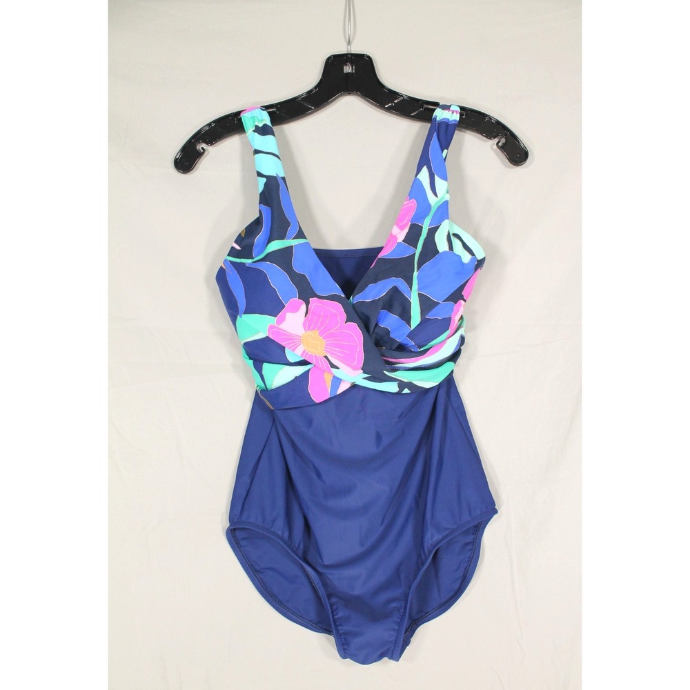 MAXINE OF HOLLYWOOD Padded DRAPED V-NECK Blue TROPICAL One-Piece SWIMSUIT Sz 8